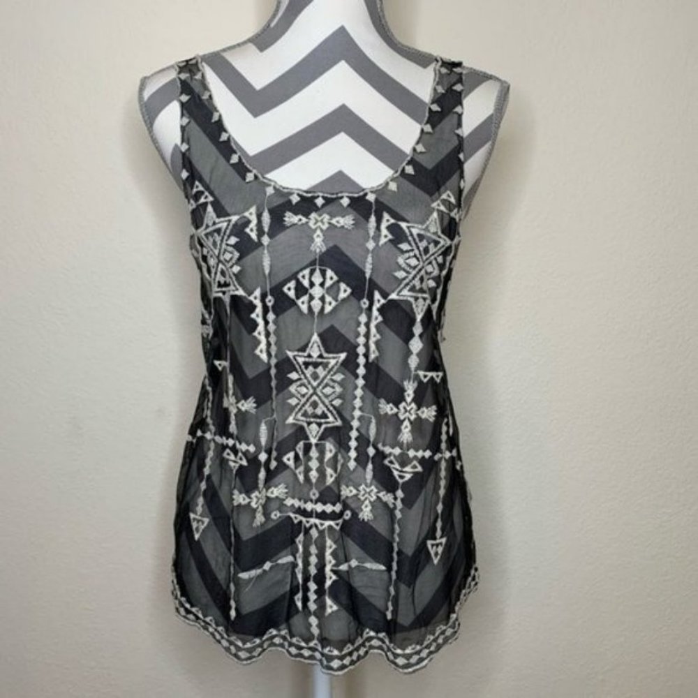 Umgee Boho Embroidered Black Tank Top Size M